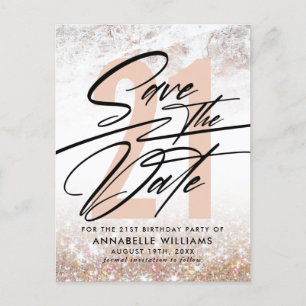 Postal Fiesta de cumpleaños 21 Rose Gold Marble Save The 