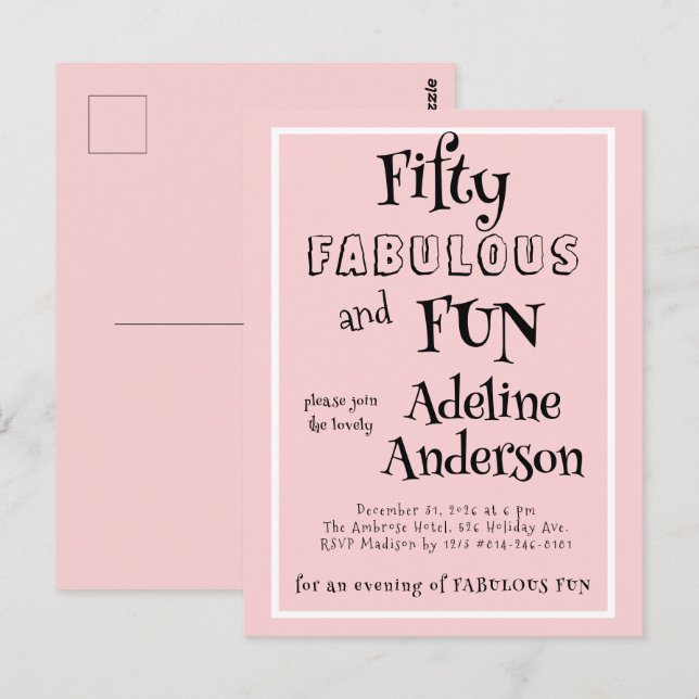 Postal Fiesta de cumpleaños 50 moderna y fabulosa rosa (Anverso / Reverso)