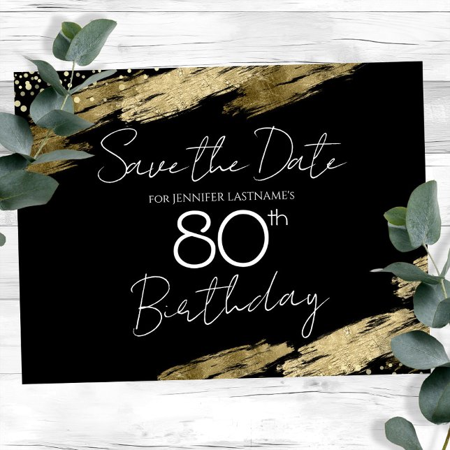 Postal Fiesta de cumpleaños 80 negro dorado Save the Date (Subido por el creador)