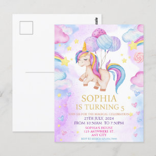 Postal Fiesta de Cumpleaños Arcoíris Unicornio Pastel Mág