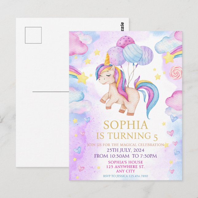 Postal Fiesta de Cumpleaños Arcoíris Unicornio Pastel Mág (Anverso / Reverso)