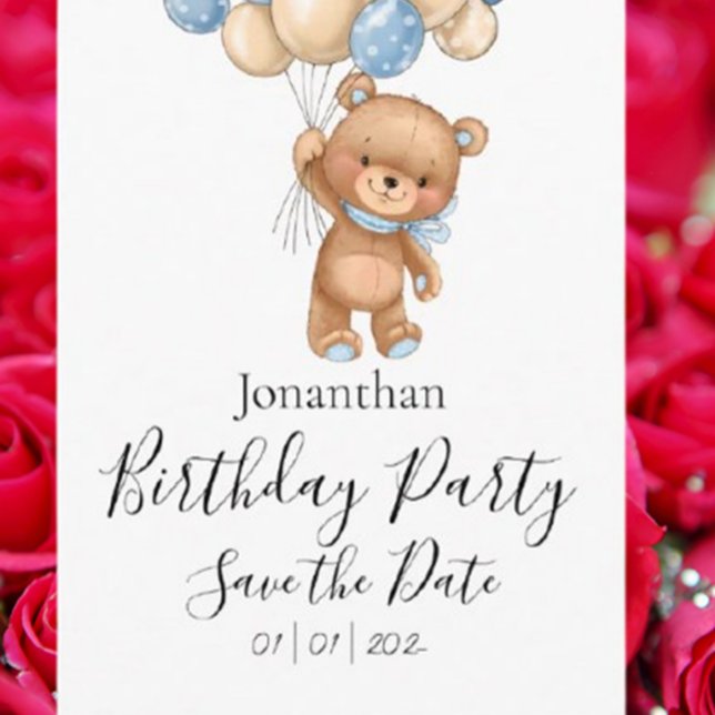 Postal Fiesta de Cumpleaños Azul de Osito de Peluche - Gu (Celebrate your little one’s special day with our Teddy Bear Blue Birthday Party Save the Date  )