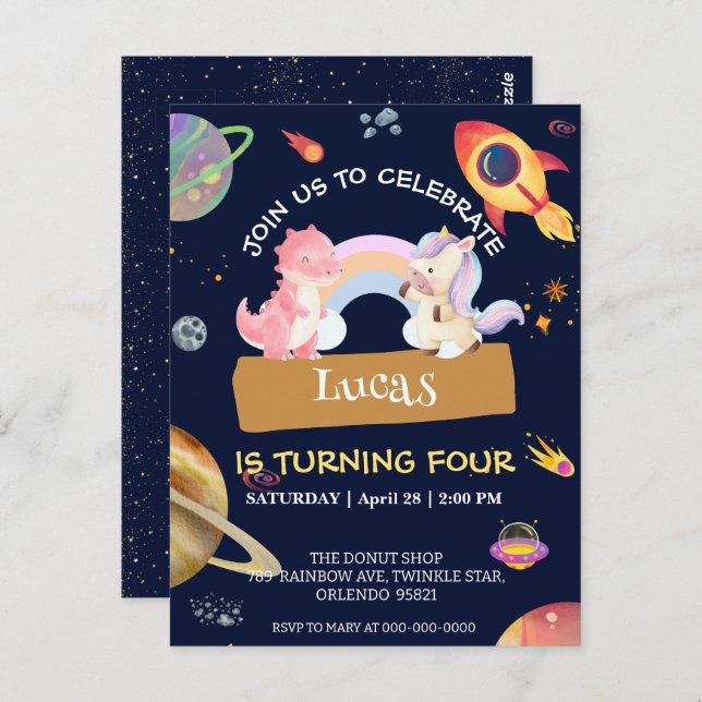 Postal Fiesta de cumpleaños Cohete Galaxia Dinosaurio Uni (Anverso / Reverso)