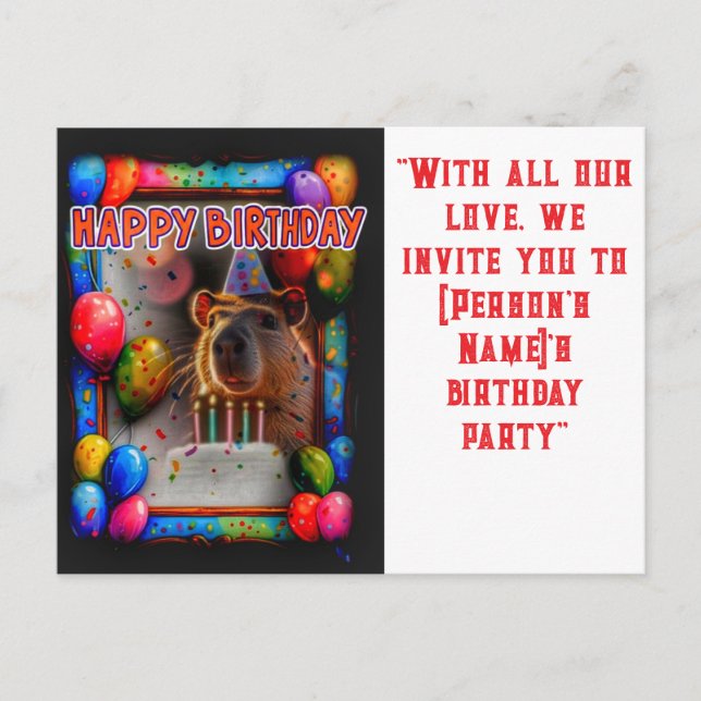 Postal Fiesta de cumpleaños con capibara nuevo e interesa (Anverso)