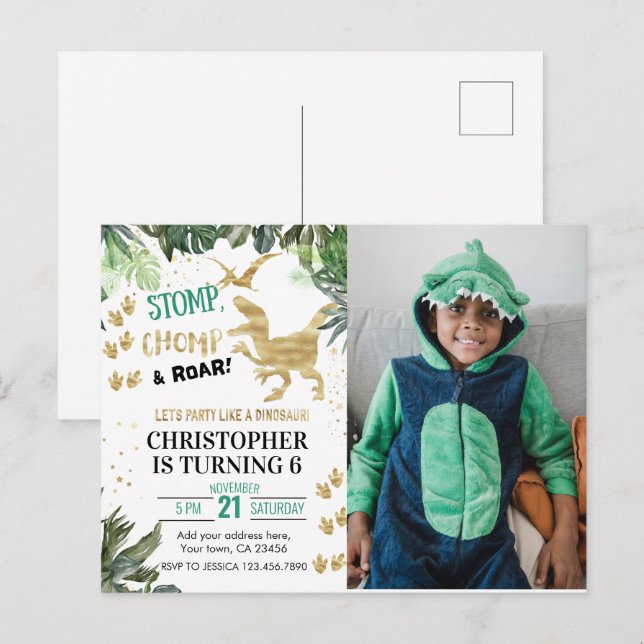 Postal Fiesta de Cumpleaños con foto de Dinosaurio adorab (Anverso / Reverso)