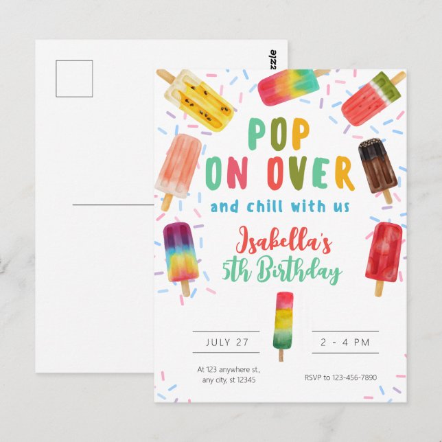 Postal Fiesta de cumpleaños con helado pop de verano (Anverso / Reverso)