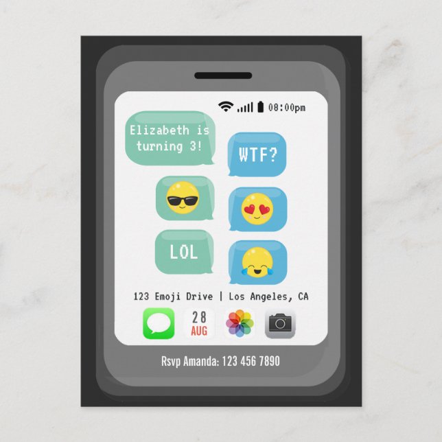 Postal Fiesta de cumpleaños con tema de emoji (Anverso)