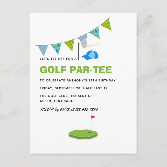 Postal Fiesta de cumpleaños con tema de golf (Anverso)