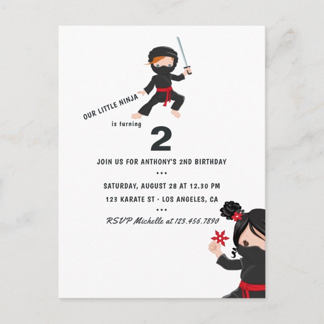 Postal Fiesta de cumpleaños con tema de Ninja (Anverso)