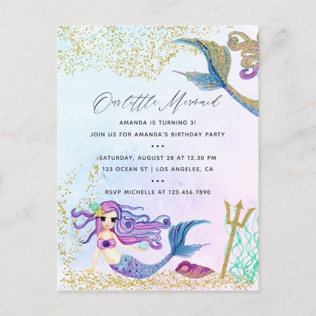 Postal Fiesta de cumpleaños con tema de Sirena (Anverso)