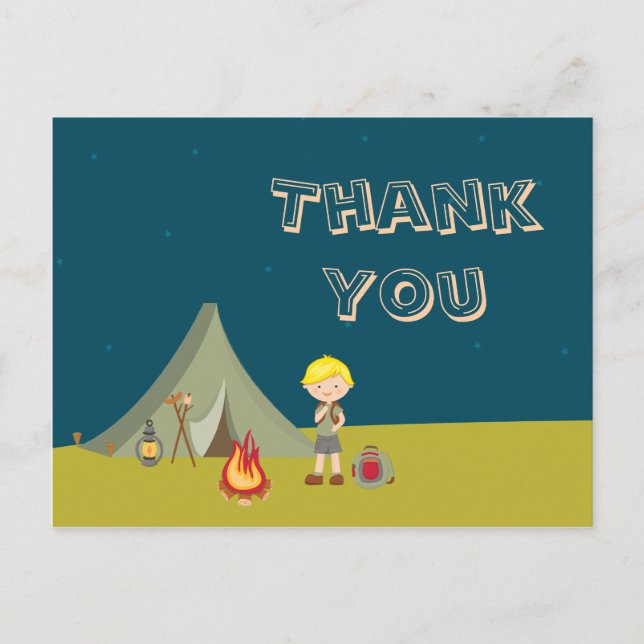 Postal Fiesta de cumpleaños de acampada del niño gracias  (Anverso)
