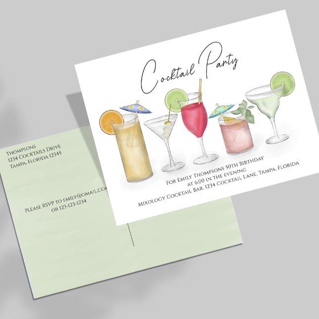 Postal Fiesta de Cumpleaños de Adultos Cócteles Coloridos (Cocktail party invitation, great for birthdays or any event. )