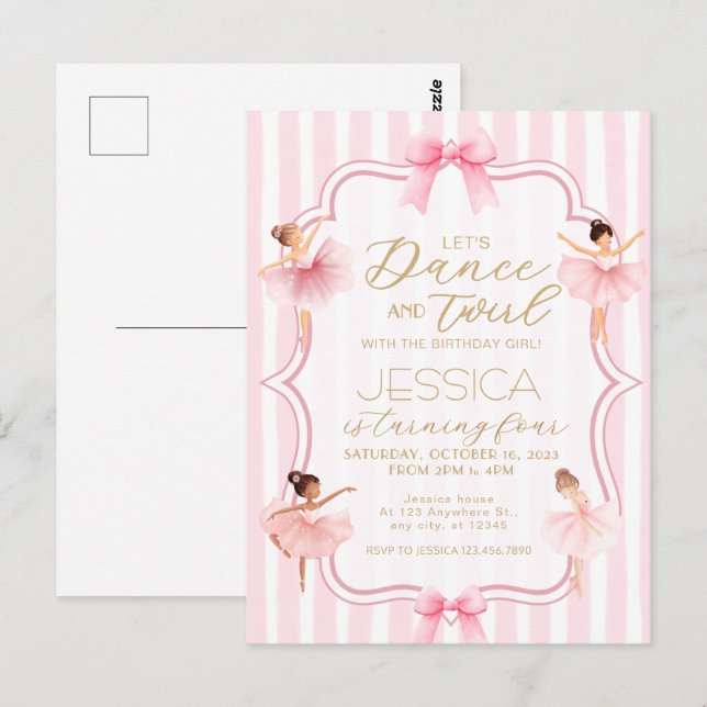Postal Fiesta de Cumpleaños de Bailarina con Baile y Piru (Anverso / Reverso)