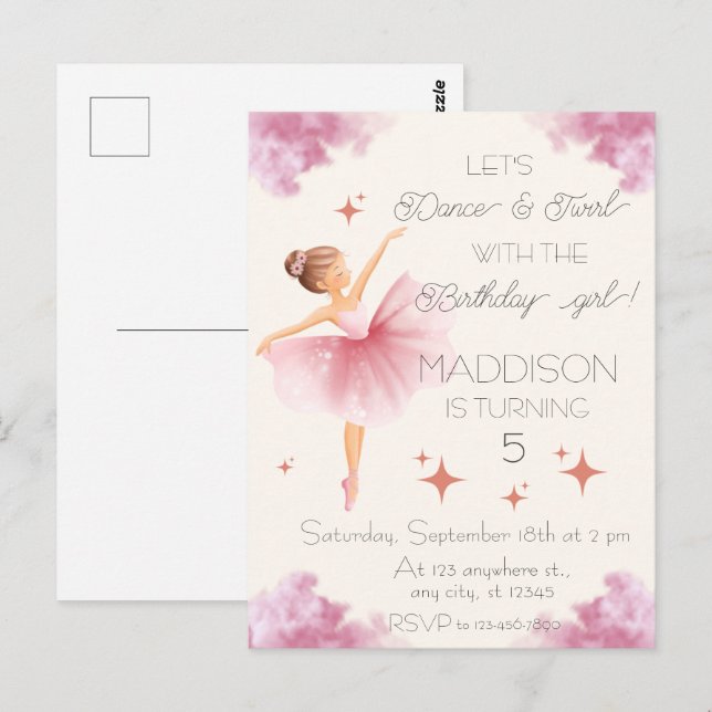 Postal Fiesta de cumpleaños de ballet de niña rosa linda (Anverso / Reverso)