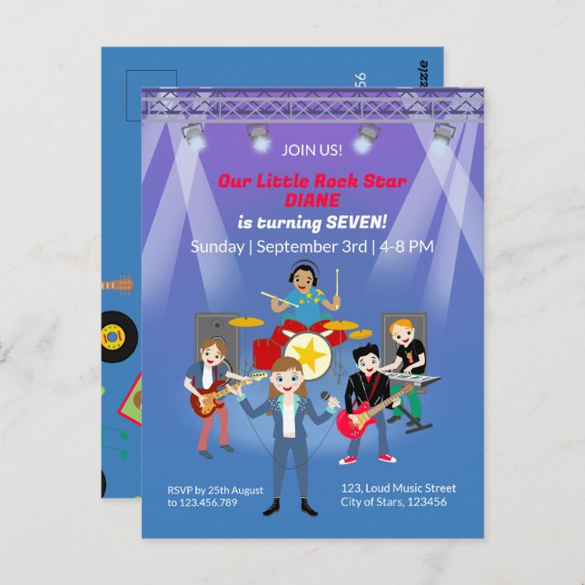 Postal Fiesta de cumpleaños de banda de Chica estrella de (Anverso / Reverso)