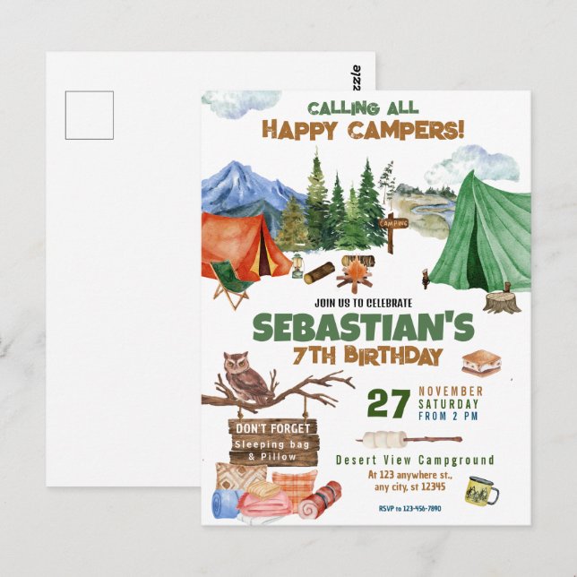 Postal Fiesta de cumpleaños de camping niños modernos (Anverso / Reverso)