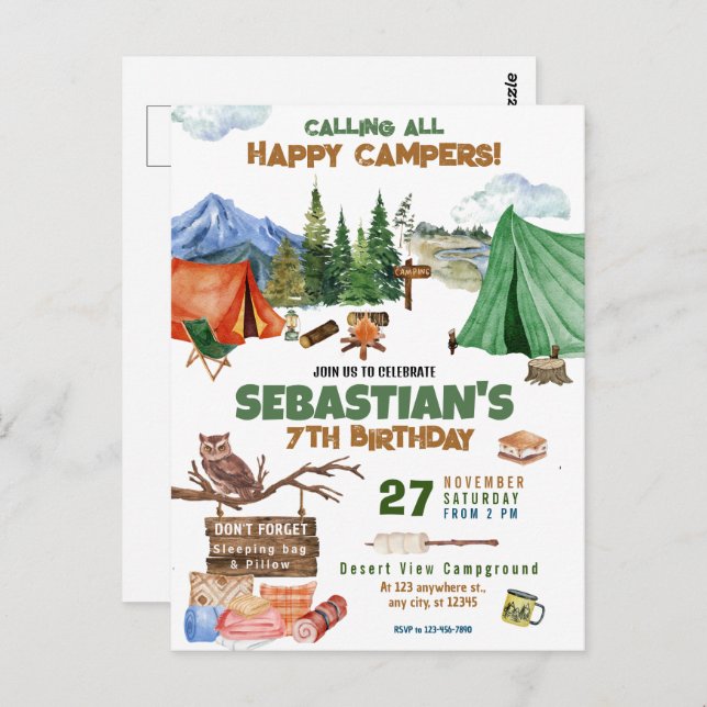 Postal Fiesta de cumpleaños de camping para niños moderno (Anverso / Reverso)