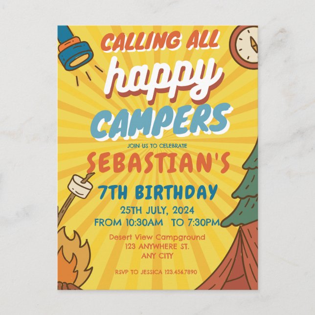 Postal Fiesta de cumpleaños de camping para niños moderno (Anverso)