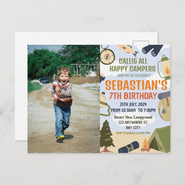 Postal Fiesta de cumpleaños de camping para niños moderno (Anverso / Reverso)