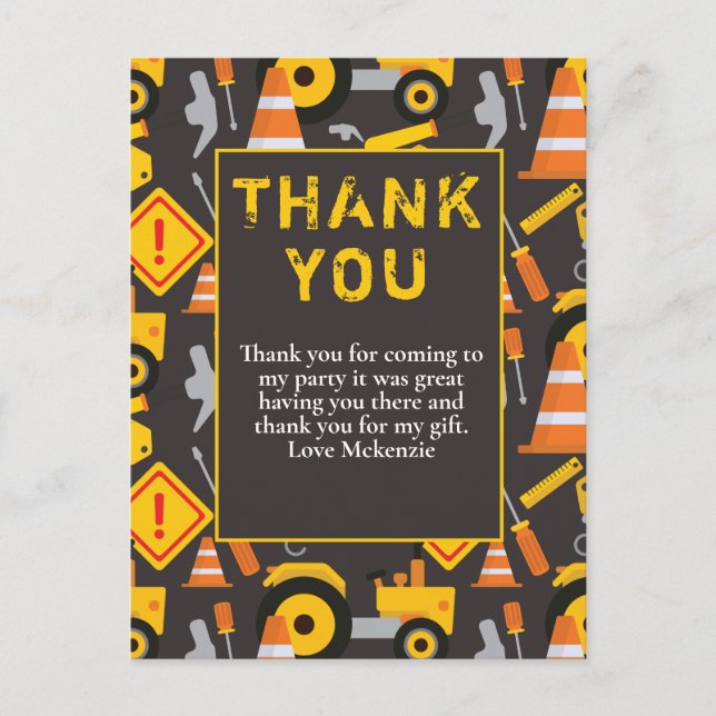 Postal Fiesta de Cumpleaños de Construcción Gracias (Anverso)