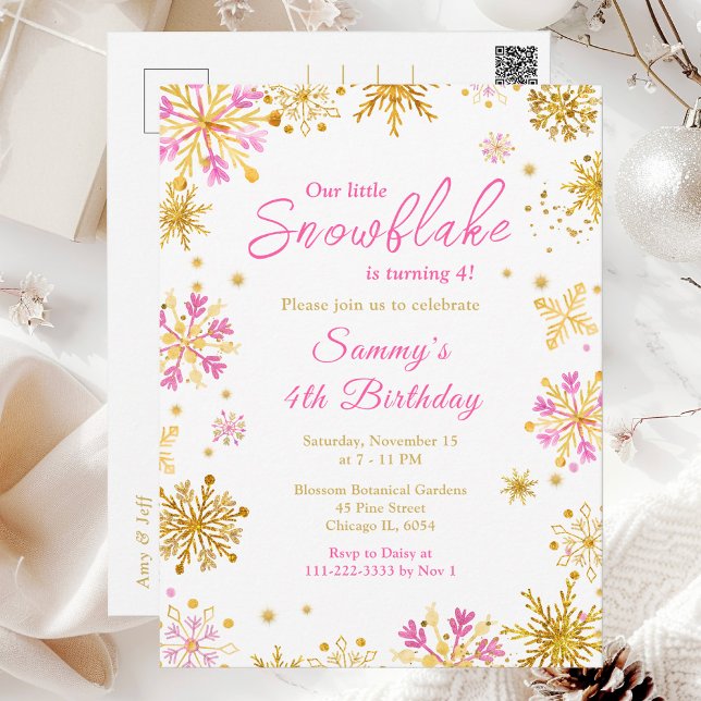 Postal Fiesta de cumpleaños de copas de nieve rosa y dora (Subido por el creador)
