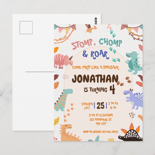 Postal Fiesta de cumpleaños de Dinosaur (Anverso / Reverso)