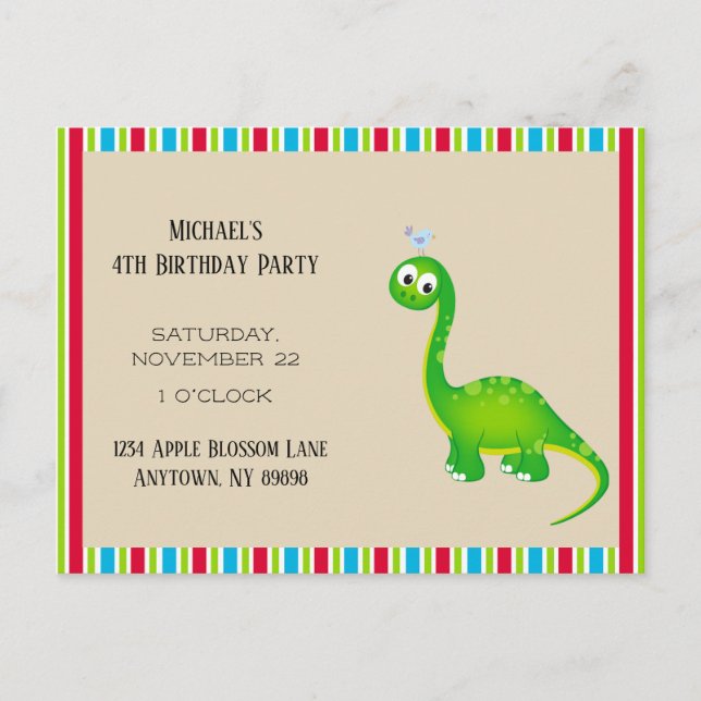 Postal Fiesta de Cumpleaños de Dinosaurio Prehistórico (Anverso)