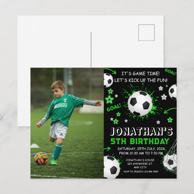 Postal Fiesta de Cumpleaños de Fútbol para Niños (Anverso / Reverso)