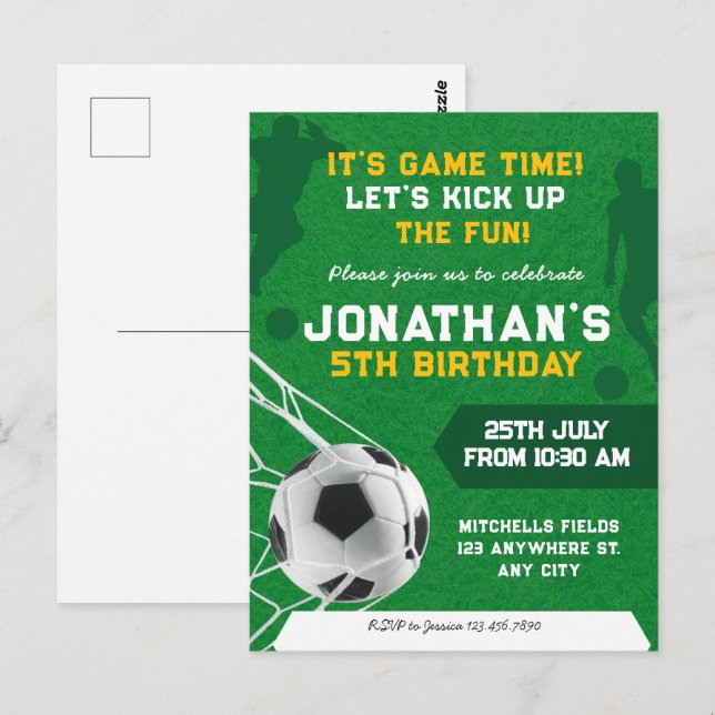Postal Fiesta de Cumpleaños de Fútbol para Niños (Anverso / Reverso)