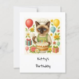 Postal Fiesta de cumpleaños de gato temática con pastel