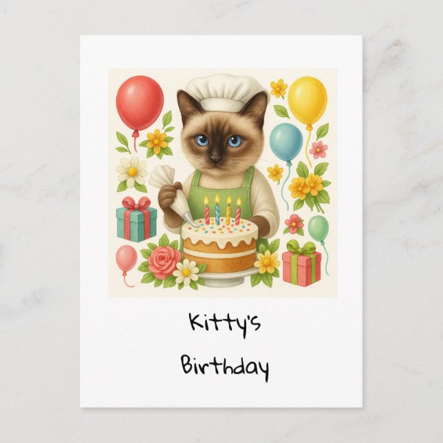 Postal Fiesta de cumpleaños de gato temática con pastel (Anverso)