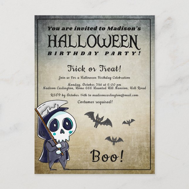 Postal Fiesta de cumpleaños de Halloween Grim Reaper (Anverso)