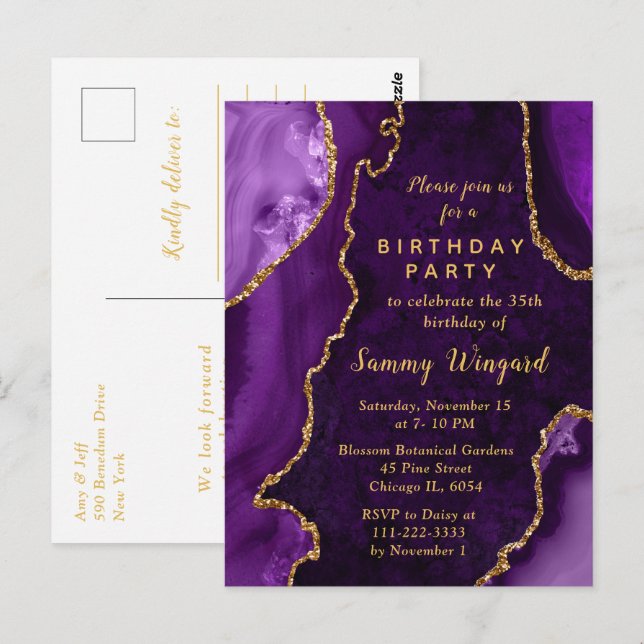 Postal Fiesta de cumpleaños de Marble Agate Purple and Go (Anverso / Reverso)