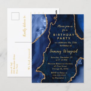 Postal Fiesta de cumpleaños de Marble Navy Blue y Gold Ag