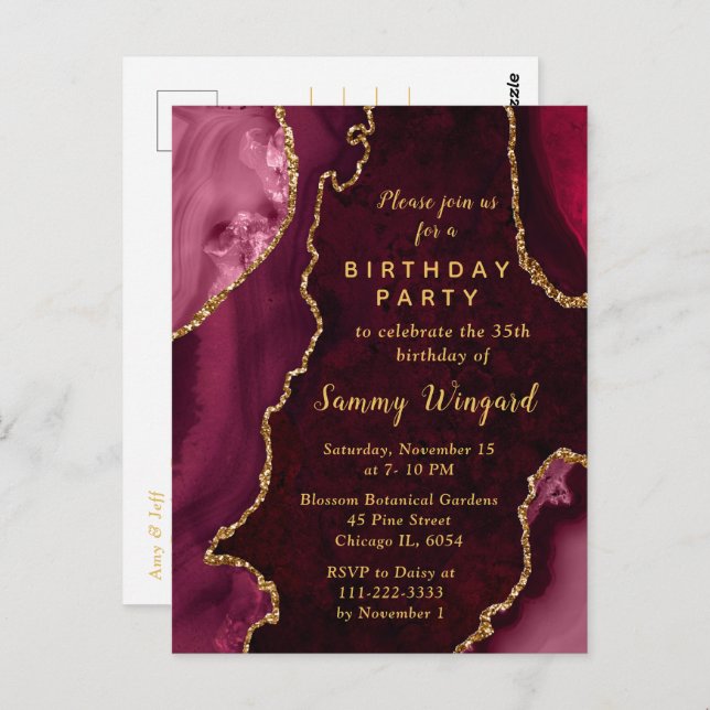 Postal Fiesta de cumpleaños de Marble Red and Gold Agate (Anverso / Reverso)