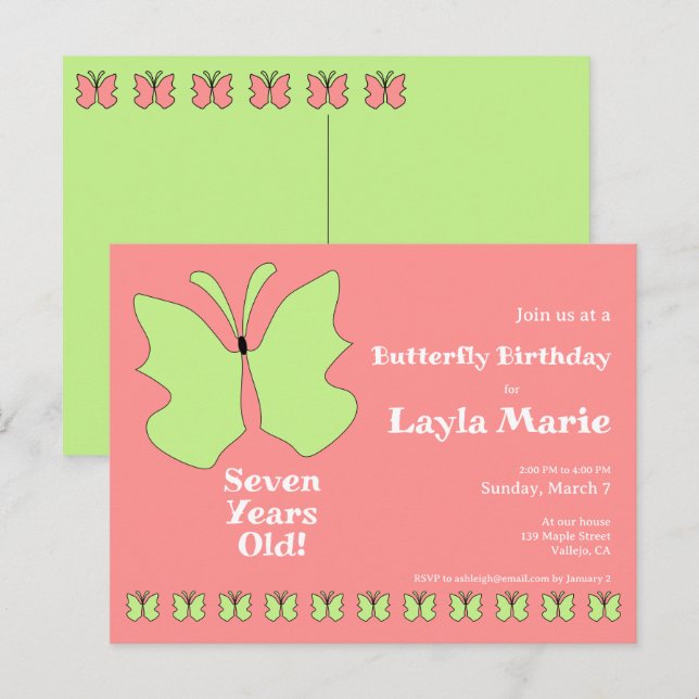 Postal Fiesta de cumpleaños de mariposa de siete años (Anverso / Reverso)