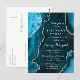 Postal Fiesta de cumpleaños de mármol azul teal y plata