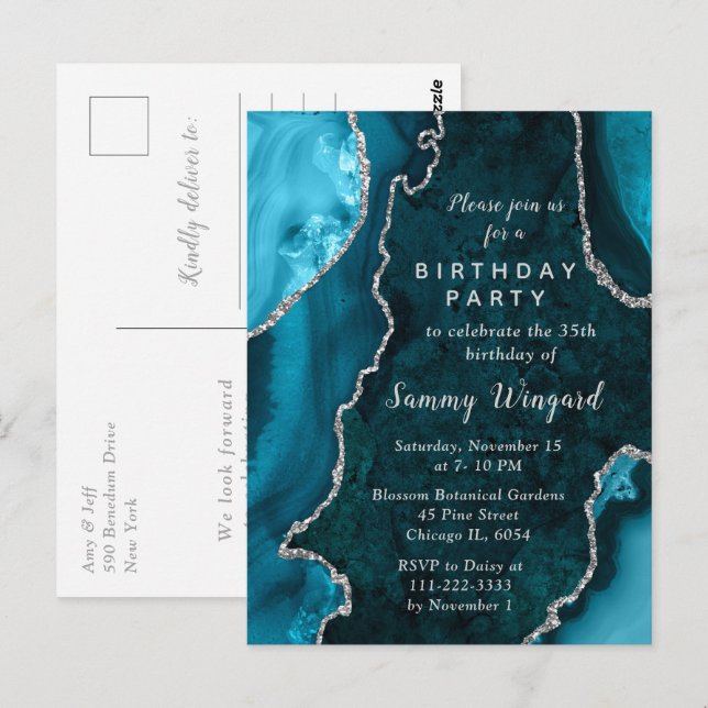 Postal Fiesta de cumpleaños de mármol azul teal y plata (Anverso / Reverso)