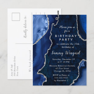 Postal Fiesta de Cumpleaños de Mármol de Ágata Azul Marin