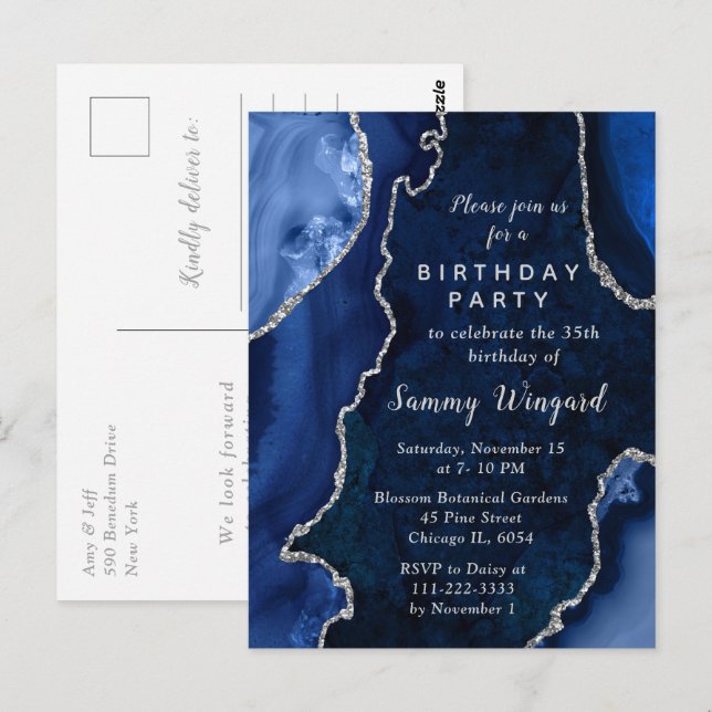 Postal Fiesta de Cumpleaños de Mármol de Ágata Azul Marin (Anverso / Reverso)