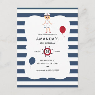 Postal Fiesta de cumpleaños de niña con tema náutico