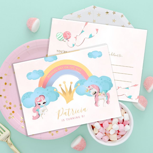 Postal Fiesta de cumpleaños de niñas unicornio mágico ros (Subido por el creador)