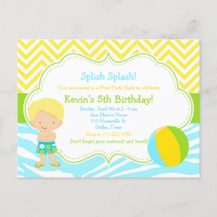 Postal Fiesta de Cumpleaños de Niño Rubio en la Piscina