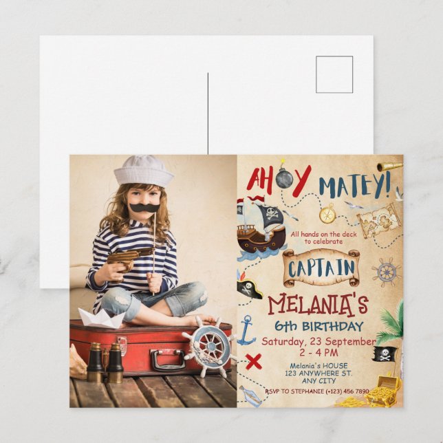 Postal Fiesta de Cumpleaños de Niños Piratas Capitán Teso (Anverso / Reverso)
