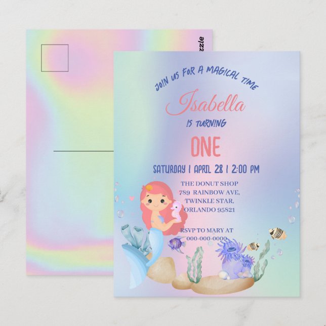 Postal Fiesta de cumpleaños de niños sirena Arcoiris colo (Anverso / Reverso)