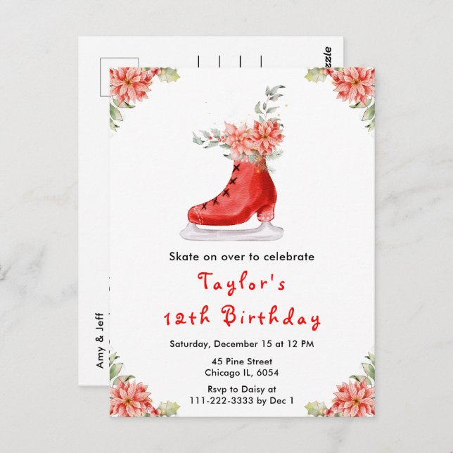 Postal Fiesta de cumpleaños de patinaje sobre hielo rojo (Anverso / Reverso)