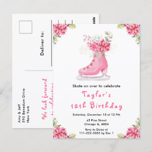 Postal Fiesta de cumpleaños de patinaje sobre hielo rosa