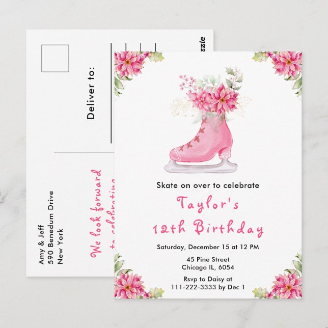 Postal Fiesta de cumpleaños de patinaje sobre hielo rosa (Anverso / Reverso)