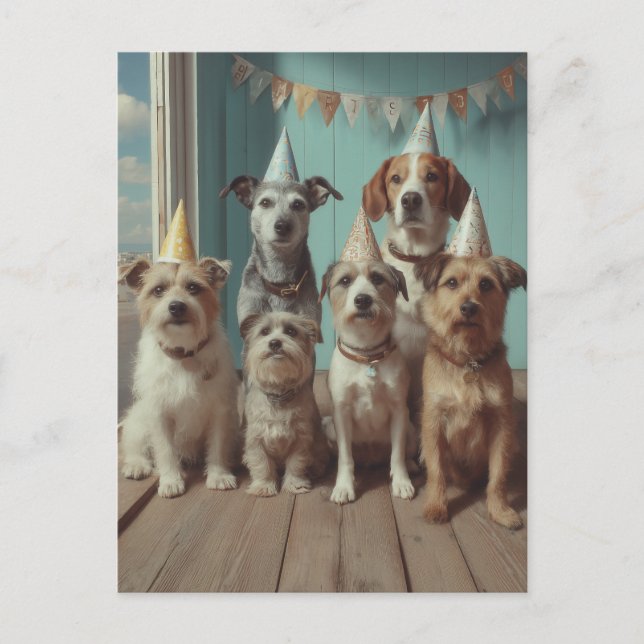 Postal Fiesta de Cumpleaños de Perros con Sombreros Festi (Anverso)