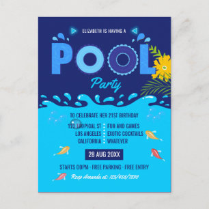 Postal Fiesta de Cumpleaños de Piscina de Verano Azul Rea